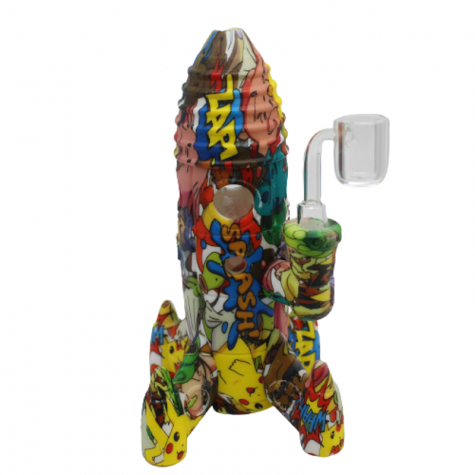 8'' SILICONE MULTI PRINTED COLOR ROCKET DESIGN WATER PIPE WIT 14 MM MALE BANGER 