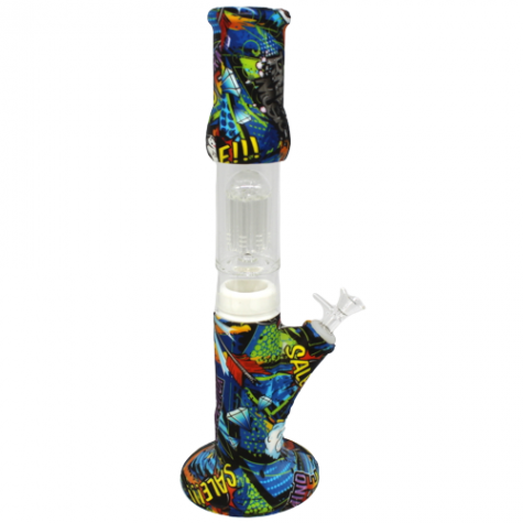 15'' SILICONE PRINTED COLORED WITH GLASS TREE PERCOLATOR WATER PIPE WITH 14 MM MALE BOWL 