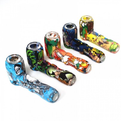 4'' Silicone Printed Color With Inner Glass Tube Hand Pipe With Glass Bowl