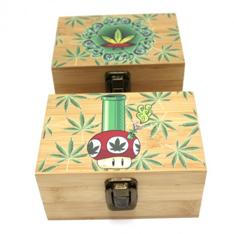 Small Herb & Spice Bamboo Stash Box With decal on Top Glass Jar & 4 Part decal Grinder 40mm