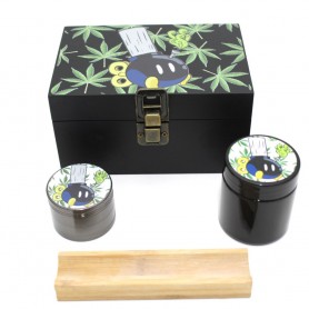 Medium Herb & Spice Bamboo Stash Box with Decal on Top & Glass Jar & 4 Part Decal 53 Zinc Grinder