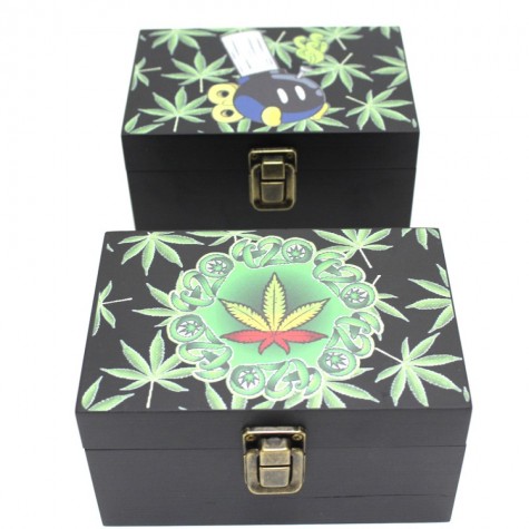 Medium Herb & Spice Bamboo Stash Box with Decal on Top & Glass Jar & 4 Part Decal 53 Zinc Grinder