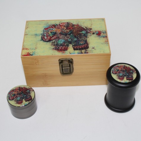 Bamboo Box Medium with Decal on Top , Glass Jar & 4 Part Decal 53 Zinc Grinder