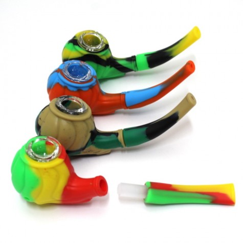 5'' Silicone Multi Color Sherlock Style Hand Pipe With Glass Bowl