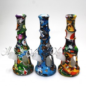 8'' Silicone With Glass Tower Shape Print Multi Color Water Pipe With 14 MM Male Bowl