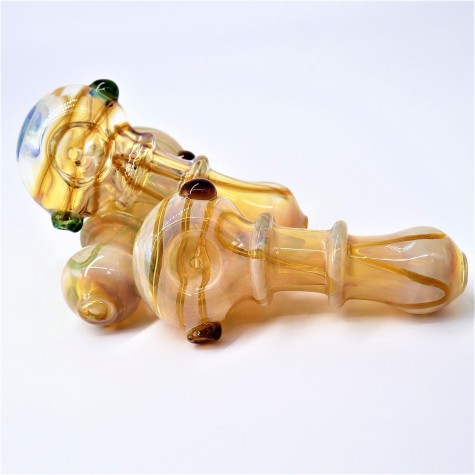 5" GOLD METALLIC PLATED COLOR SWIRL RIBBED DESIGN GLASS HANDPIPE