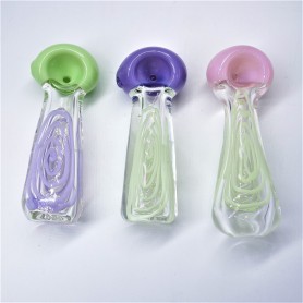 4" FLAT MOUTH CLEAR COLOR SWIRL DESIGN COLOR HEAD GLASS HAND PIPE