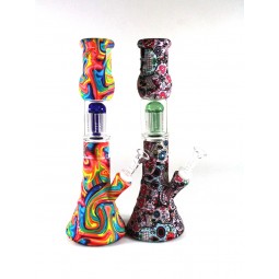 12'' Silicone Printed Art Color With Glass Beaker  Tree  Percolator Water Pipe With Glass Bowl 