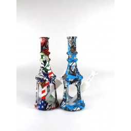 8'' Silicone With Glass  Printed  Multi Color Tower Shape Design Water Pipe With 14 MM Male Bowl 